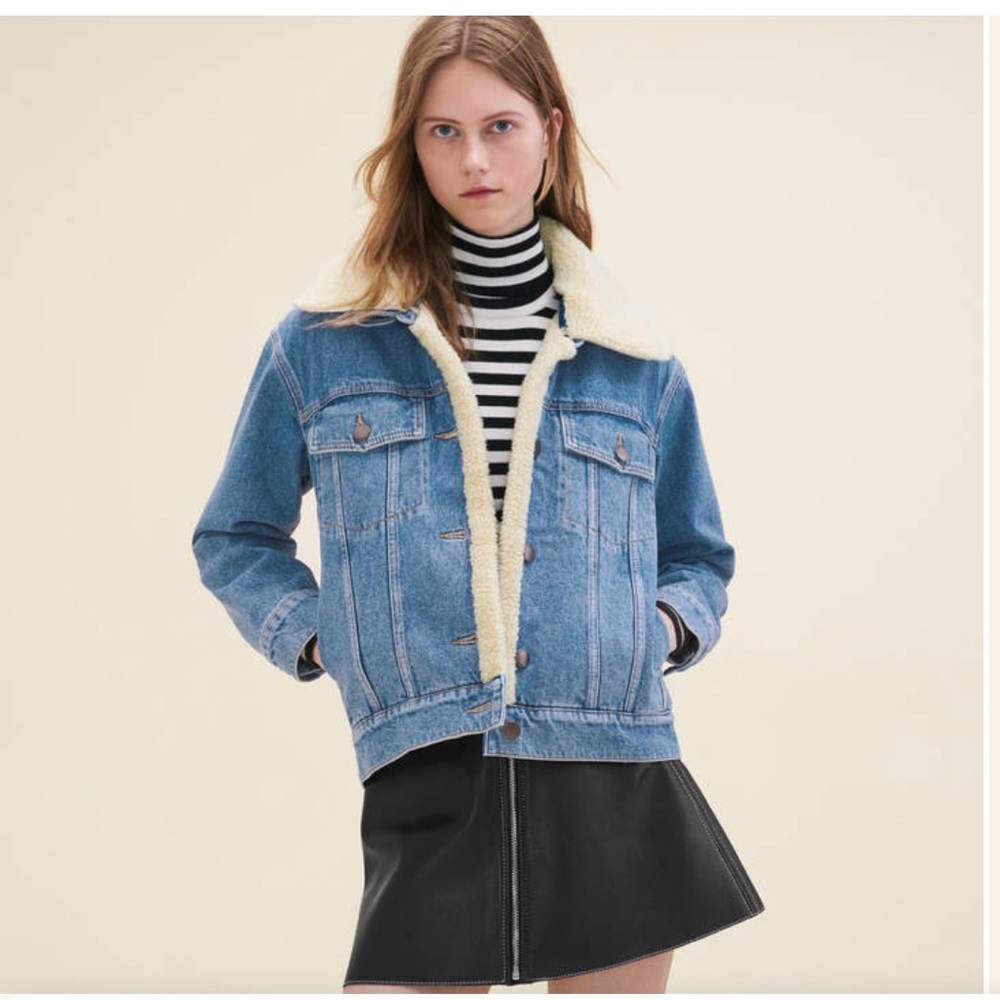 Maje Denim Sherpa Fleece Lined Jacket
